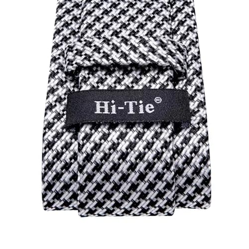 Hi-Tie Mens Black White Houndstooth Silk Necktie Set with Handkerchief & Cufflinks | Elegant Business & Wedding Accessory thumbnail 5