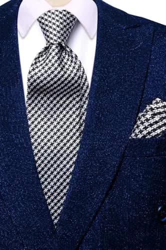 Hi-Tie Mens Black White Houndstooth Silk Necktie Set with Handkerchief & Cufflinks | Elegant Business & Wedding Accessory thumbnail 7