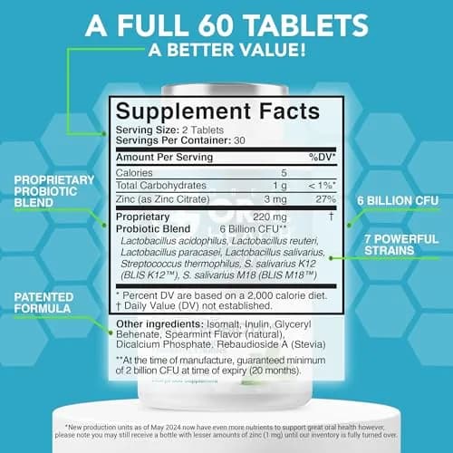 Great Oral Health Mint Oral Probiotics 180 Tablets (60 Count x 3 Pack) | Dentist Formulated BLIS K12 M18 for Bad Breath thumbnail 2