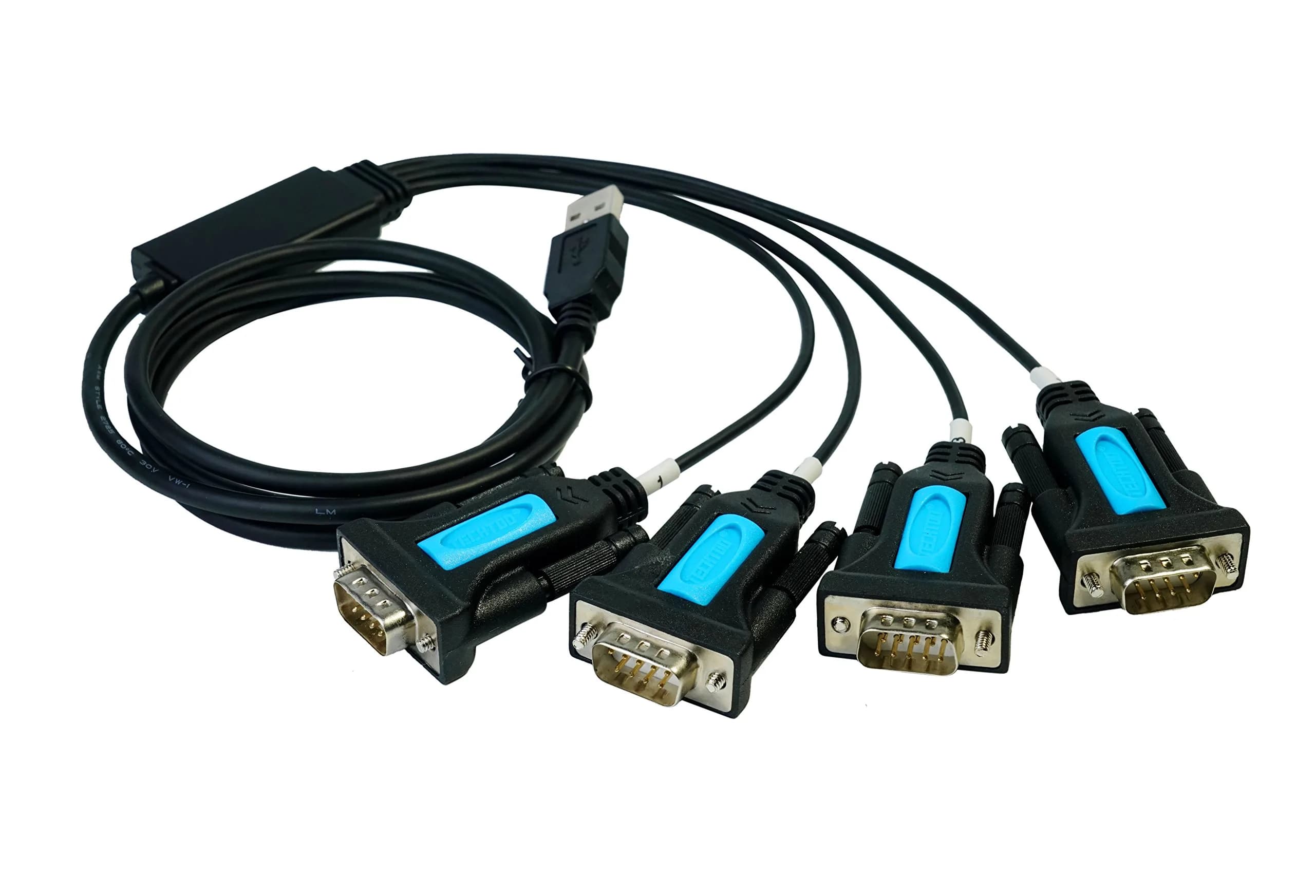 TECHTOO 4-Port USB to RS232 DB9 Serial Adapter Cable Male-to-Male with FTDI Chip | Connects 4 Serial Devices - main product image