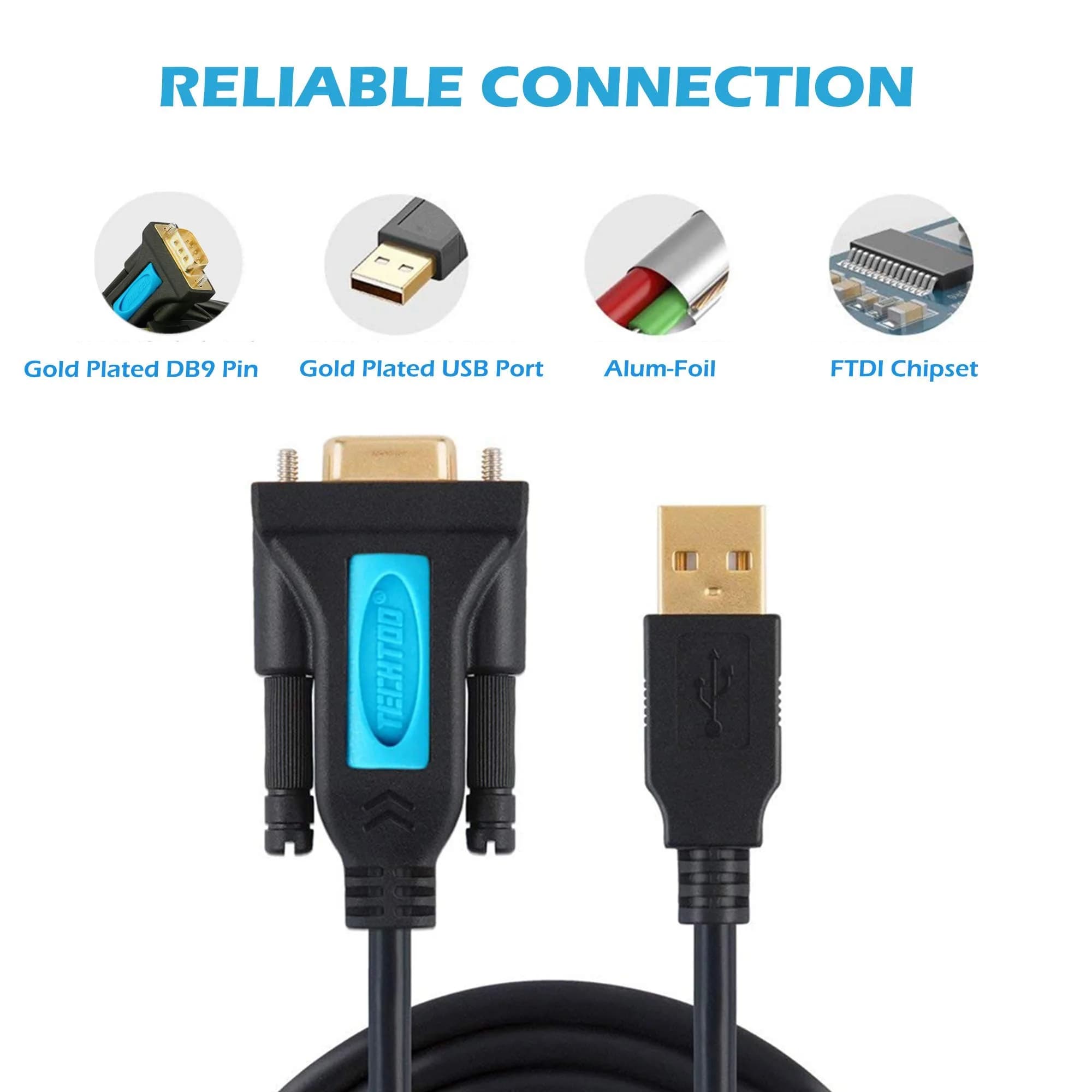 TECHTOO 4-Port USB to RS232 DB9 Serial Adapter Cable Male-to-Male with FTDI Chip | Connects 4 Serial Devices - view 5