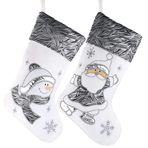 WEWILL Classic White Silvery Christmas Stockings Set of 2 Santa, Snowman Xmas Character Fireplace Hanging Stockings 43.18 cm (17 inch) | Festive Holiday Decor thumbnail 2