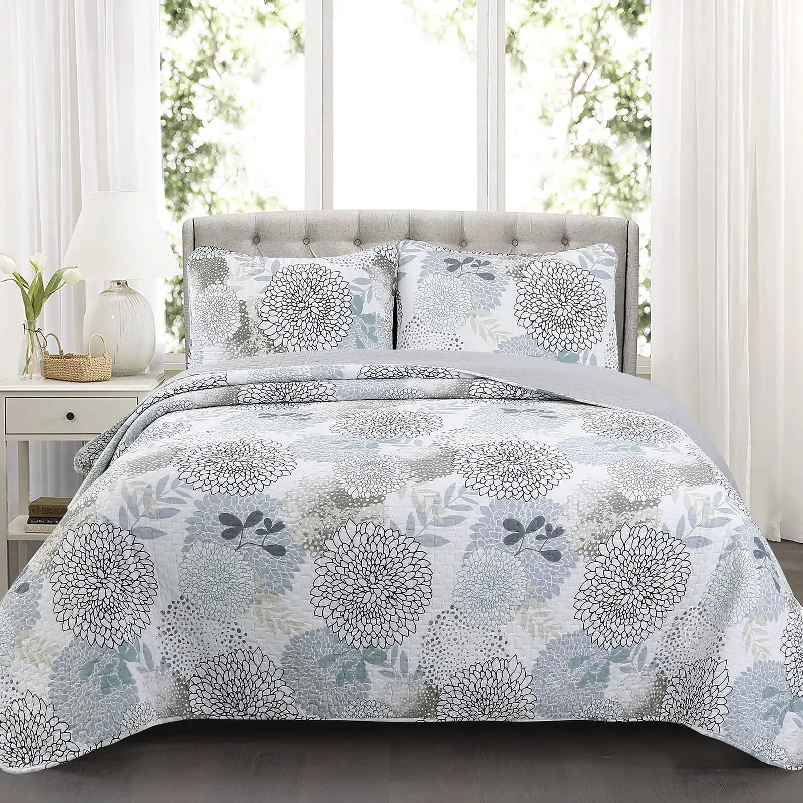 Cozy Line Home Fashions Nina Trista Flowers Aqua Blue Tape Grey Floral Print 100% Cotton Reversible Quilt Bedding Set, Bedspread Coverlet (Aqua Blue, King - 3 Piece) — Aqua Blue