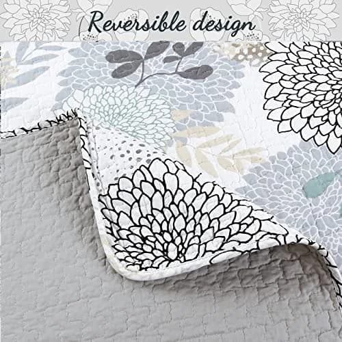 Cozy Line Home Fashions Nina Trista Flowers Aqua Blue Tape Grey Floral Print 100% Cotton Reversible Quilt Bedding Set, Bedspread Coverlet (Aqua Blue, King - 3 Piece) thumbnail 4