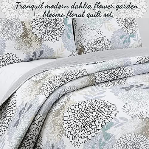 Cozy Line Home Fashions Nina Trista Flowers Aqua Blue Tape Grey Floral Print 100% Cotton Reversible Quilt Bedding Set, Bedspread Coverlet (Aqua Blue, King - 3 Piece) thumbnail 5