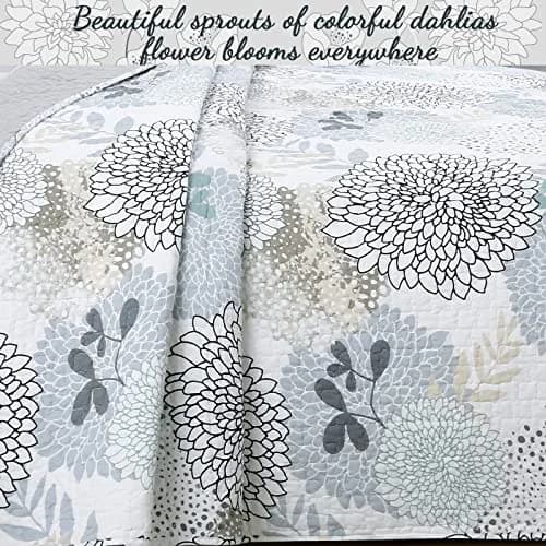 Cozy Line Home Fashions Nina Trista Flowers Aqua Blue Tape Grey Floral Print 100% Cotton Reversible Quilt Bedding Set, Bedspread Coverlet (Aqua Blue, King - 3 Piece) thumbnail 6