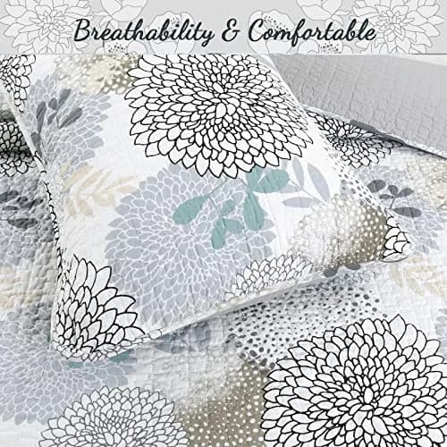 Cozy Line Home Fashions Nina Trista Flowers Aqua Blue Tape Grey Floral Print 100% Cotton Reversible Quilt Bedding Set, Bedspread Coverlet (Aqua Blue, King - 3 Piece) thumbnail 7