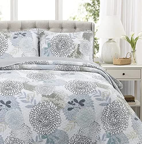 Cozy Line Home Fashions Nina Trista Flowers Aqua Blue Tape Grey Floral Print 100% Cotton Reversible Quilt Bedding Set, Bedspread Coverlet (Aqua Blue, King - 3 Piece) thumbnail 2