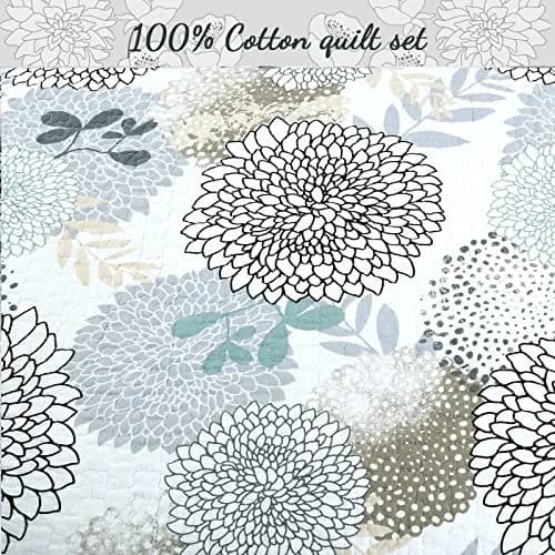 Cozy Line Home Fashions Nina Trista Flowers Aqua Blue Tape Grey Floral Print 100% Cotton Reversible Quilt Bedding Set, Bedspread Coverlet (Aqua Blue, King - 3 Piece) thumbnail 3