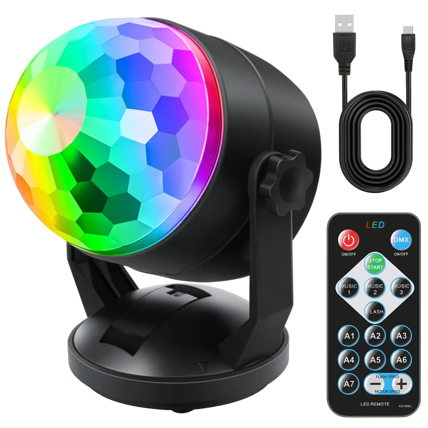 Luditek Portable Disco Ball Party Lights Sound Activated Battery Powered LED Stage Lighting with Remote, 360° Beam Angle | 360 Degree Beam Angle — Black