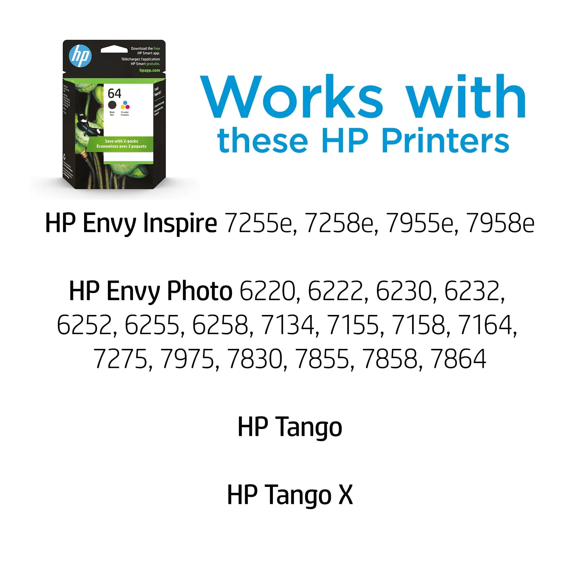 HP 64 Black and Tri-Color Ink Cartridge Combo Pack | Approx. 200 Pages for Envy Photo & Tango Printers - view 2