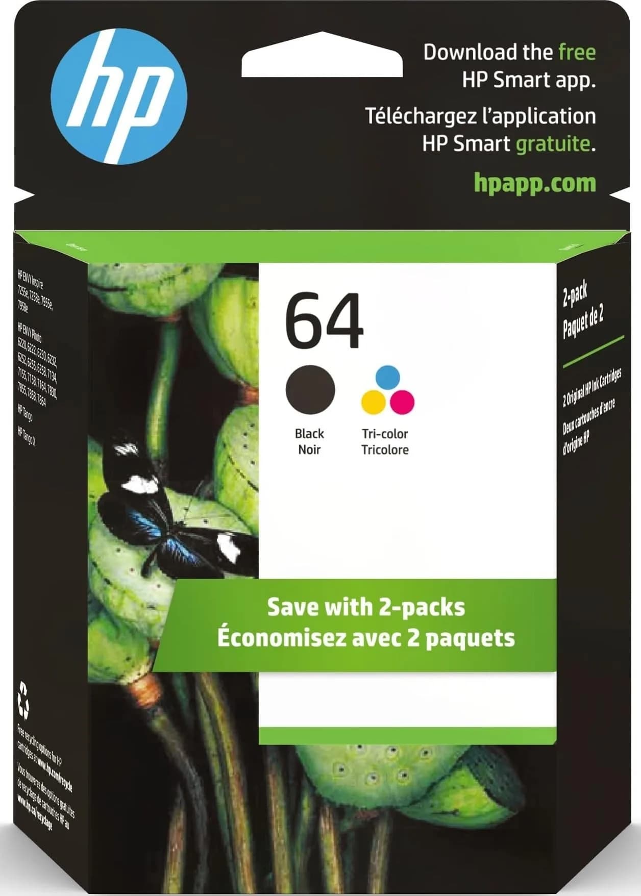 HP 64 Ink Cartridge Bundle – High-Yield Black + Standard Tri-Color | For Envy Inspire, Photo, Tango Printers — Black + CMY