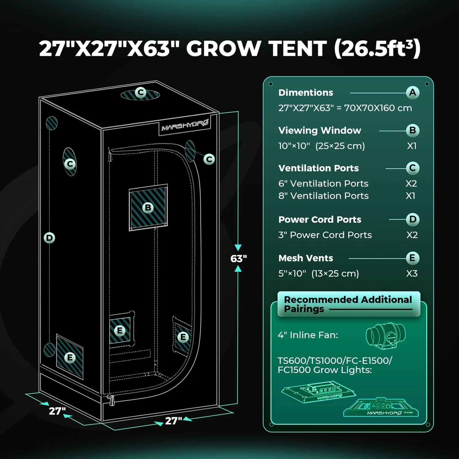 MARS HYDRO 27x27x63 Inch Grow Tent | 1680D Mylar, Observation Window, Waterproof Tray - view 9