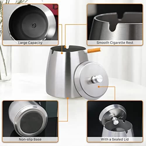 OILP Modern Windproof Ashtray with Lid 10.16cm x 11.18cm (4in x 4.4in) | Stainless Steel Tabletop Smokeless Ashtray thumbnail 4