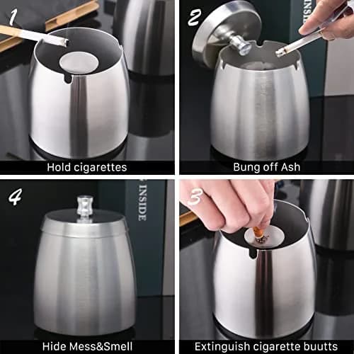 OILP Modern Windproof Ashtray with Lid 10.16cm x 11.18cm (4in x 4.4in) | Stainless Steel Tabletop Smokeless Ashtray thumbnail 5