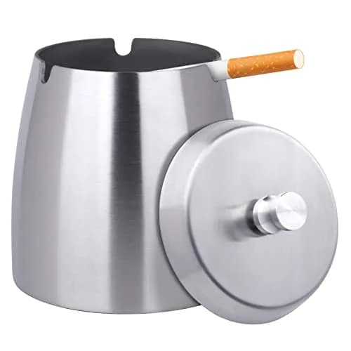 OILP Modern Windproof Ashtray with Lid 10.16cm x 11.18cm (4in x 4.4in) | Stainless Steel Tabletop Smokeless Ashtray thumbnail 1