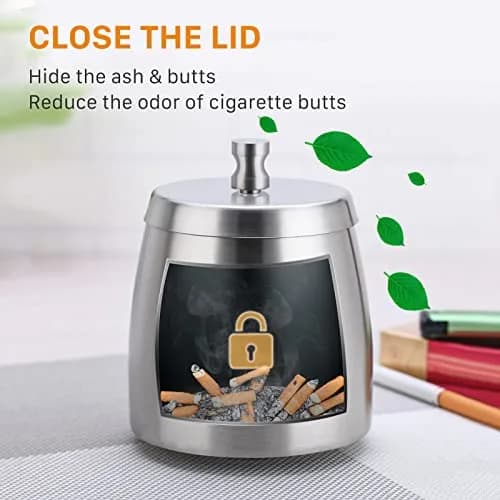 OILP Modern Windproof Ashtray with Lid 10.16cm x 11.18cm (4in x 4.4in) | Stainless Steel Tabletop Smokeless Ashtray thumbnail 3
