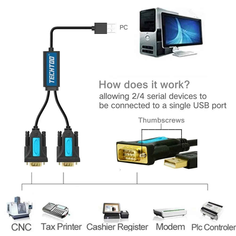 TECHTOO FTDI Chip USB to RS232 Serial Adapter Cable DB9 Male to Male with Thumbscrews | 1 Mbps Data Transfer - view 2