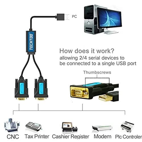TECHTOO FTDI Chip USB to RS232 Serial Adapter Cable DB9 Male to Male with Thumbscrews | 1 Mbps Data Transfer thumbnail 2
