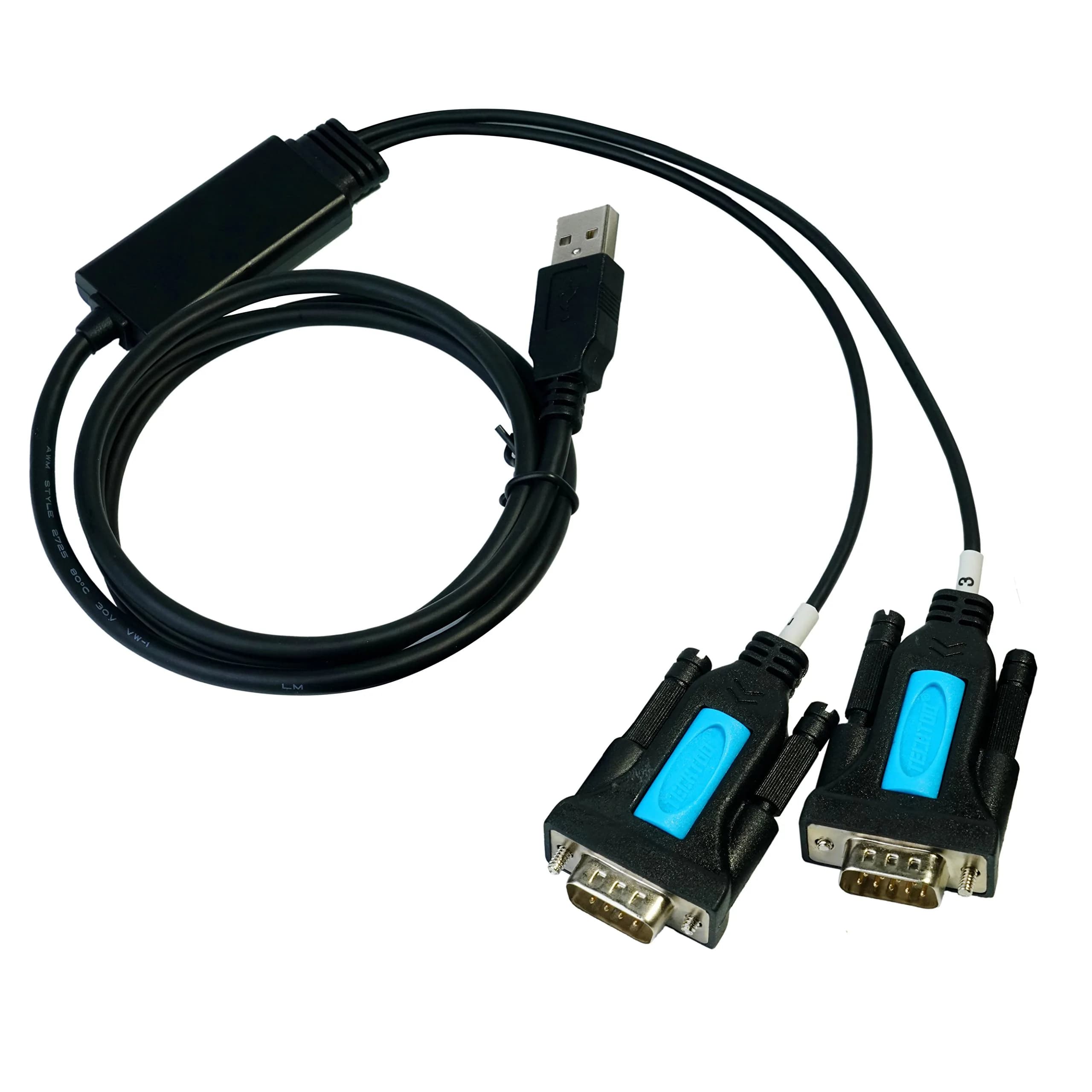 TECHTOO 4-Port USB to RS232 DB9 Serial Adapter Cable Male-to-Male with FTDI Chip | Connects 4 Serial Devices — 2 RS232 Port / W/Thumbscrews