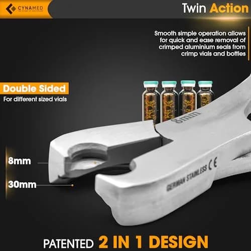 Cynamed Twin Action Decapper Pliers | Easy Crimped Vial Cap Removal, German Stainless Steel, 8mm & 30mm | Professional Lab Tool thumbnail 2