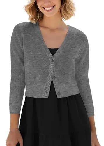 Urban CoCo Women's Cropped Cardigan V-Neck Button Down Sweater 3/4 Sleeve (S, Heather Gray) | Lightweight Knit for Women thumbnail 1