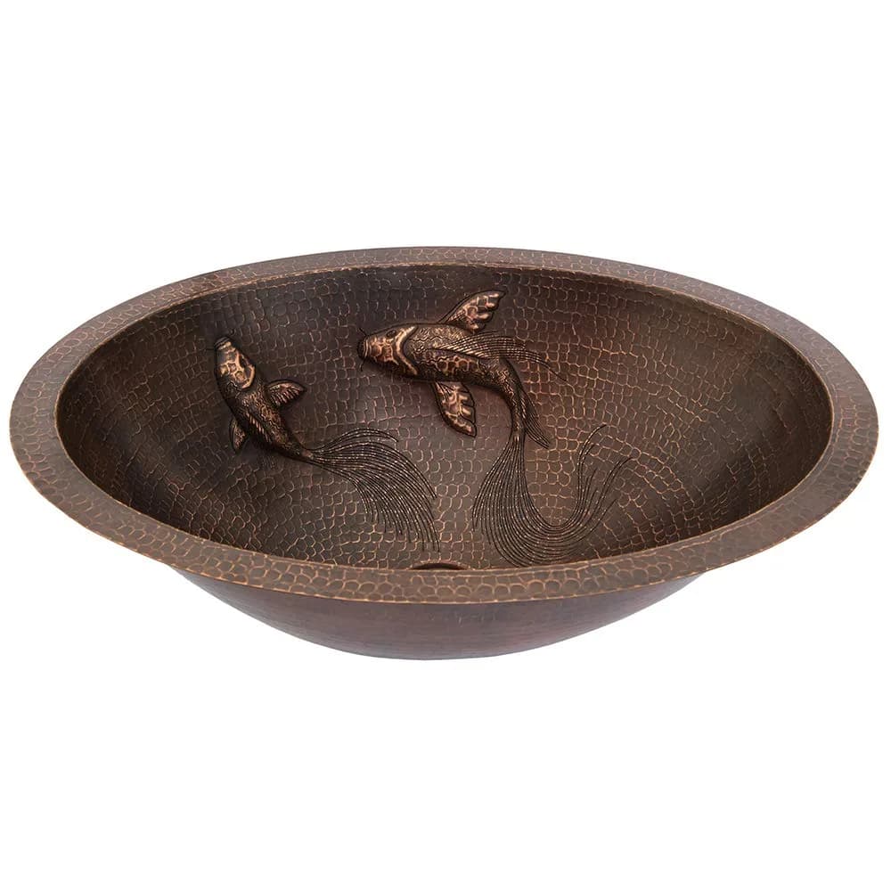 Premier Copper Products LO19FKOIDB 19-Inch Oval Copper Bathroom Sink with Koi Fish Design | Handcrafted, Recycled Copper, Limited Lifetime