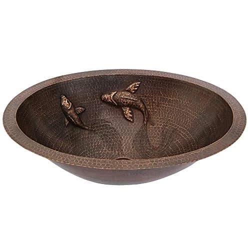 Premier Copper Products LO19FKOIDB 19-Inch Oval Copper Bathroom Sink with Koi Fish Design | Handcrafted, Recycled Copper, Limited Lifetime thumbnail 1