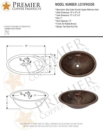 Premier Copper Products LO19FKOIDB 19-Inch Oval Copper Bathroom Sink with Koi Fish Design | Handcrafted, Recycled Copper, Limited Lifetime thumbnail 6