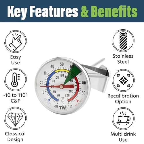 Thermometer World Milk & Coffee Thermometer 165mm Probe | Easy Read Analog Gauge for Steaming Milk, Yogurt, Cheese Making thumbnail 2