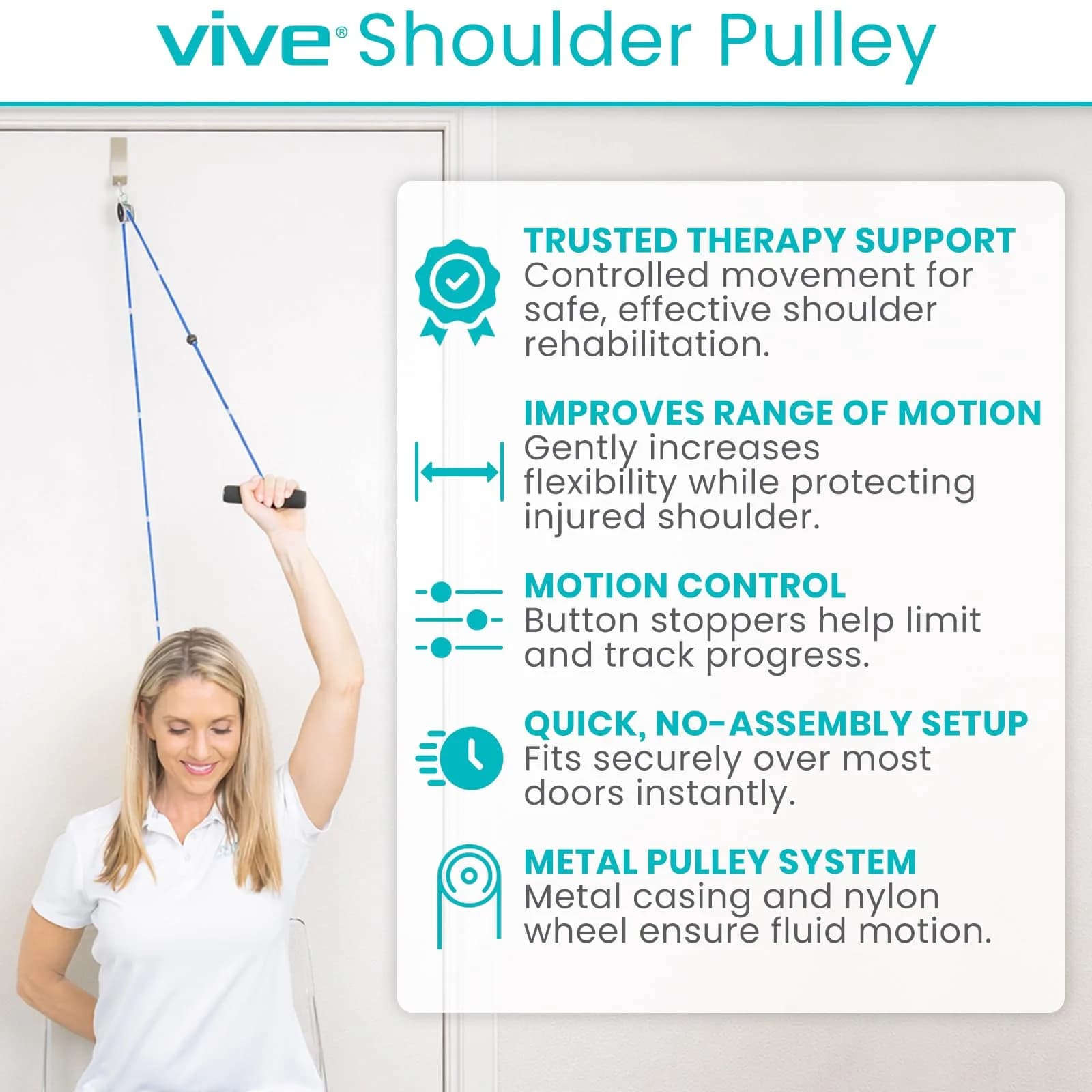Vive Shoulder Pulley System for Physical Therapy - Rotator Cuff Pain Rehab Exerciser with Metal Pulley & Blue Handles - view 2