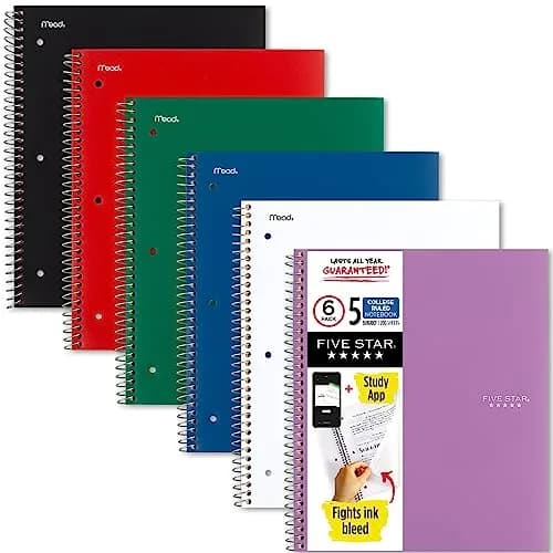 Five Star Spiral Notebook 6 Pack, 5 Subject, College Ruled Paper, 8-1/2" x 11", 200 Sheets Per Notebook | Water Resistant Cover, Study App Compatible — Assorted