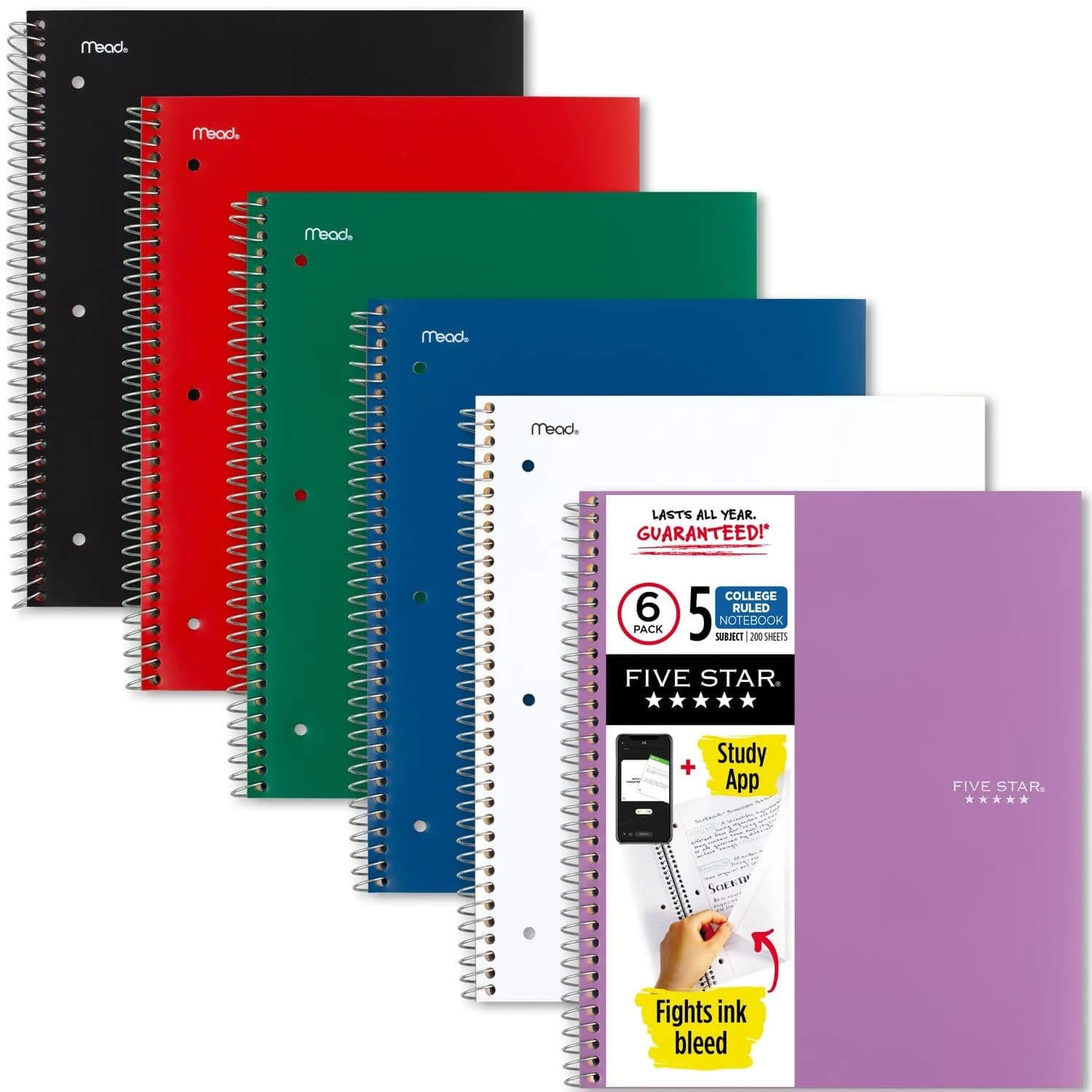 Five Star Spiral Notebook 6 Pack, 5 Subject, College Ruled Paper, 8-1/2" x 11", 200 Sheets Per Notebook | Water Resistant Cover, Study App Compatible - main product image