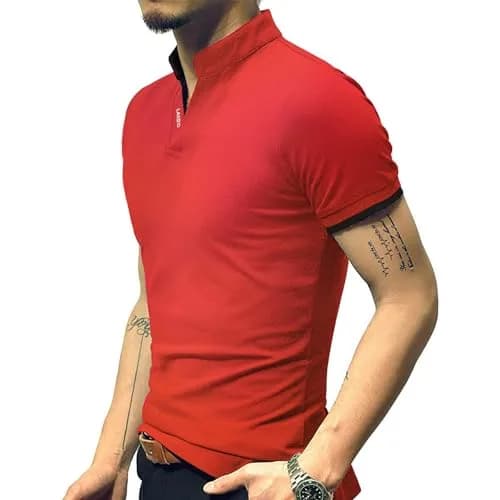 LOGEEYAR Mens Short-Sleeve Slim Fit Cotton Pique Polo Shirt | Classic V-Neck, Red, Large thumbnail 6