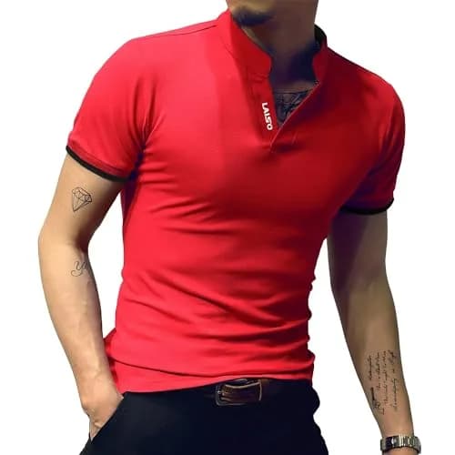 LOGEEYAR Mens Short-Sleeve Slim Fit Cotton Pique Polo Shirt | Classic V-Neck, Red, Large thumbnail 2