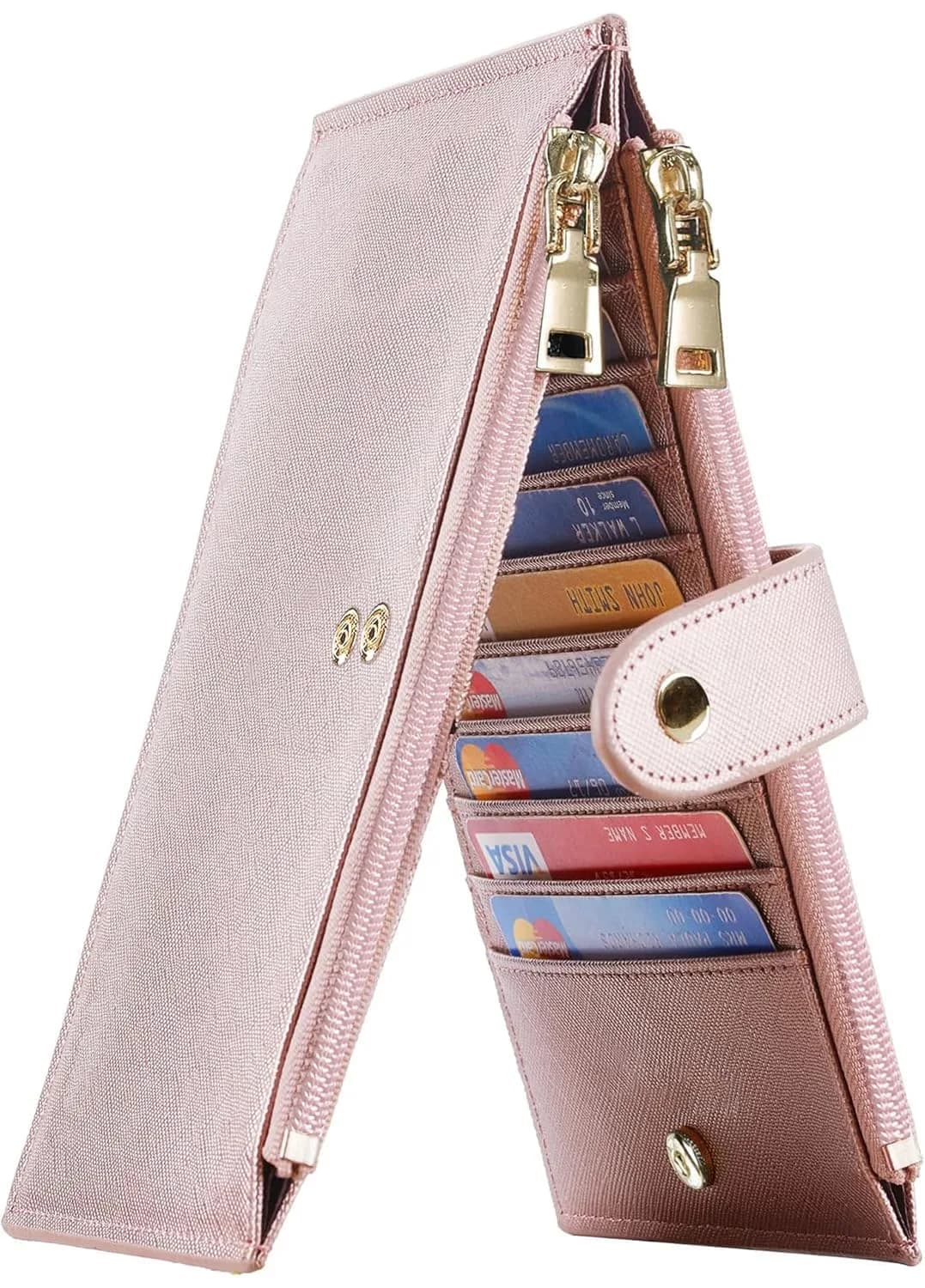 Travelambo RFID Wallet Women Large Size Bifold Multi Card Wallet Case with Zipper Pocket, Rose Gold | 15 Card Slots, RFID Blocking - main product image