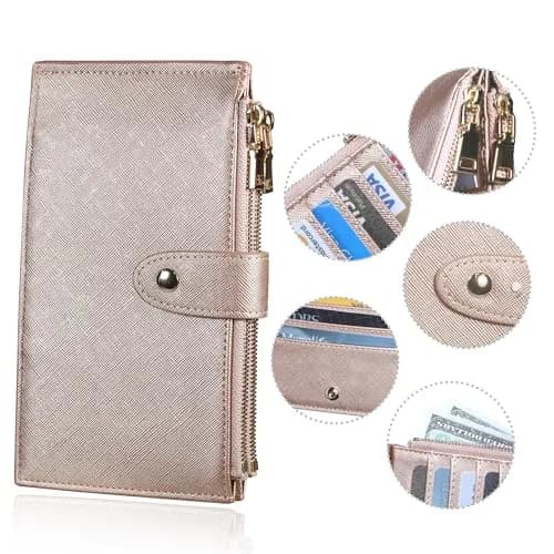 Travelambo RFID Wallet Women Large Size Bifold Multi Card Wallet Case with Zipper Pocket, Rose Gold | 15 Card Slots, RFID Blocking thumbnail 4
