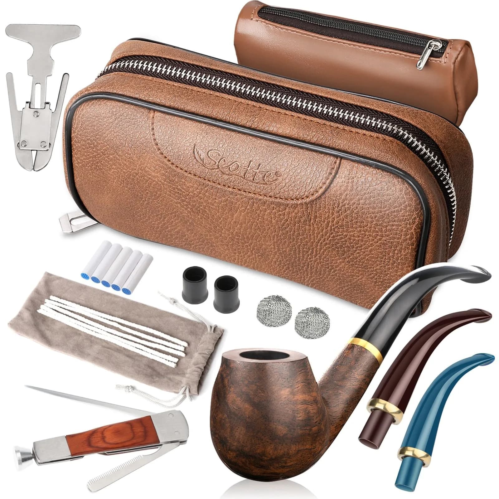 Scotte Handmade Pipe Set with Leather Pouch & Accessories | Brown Wood Pipe Kit (10-Piece Set) - main product image