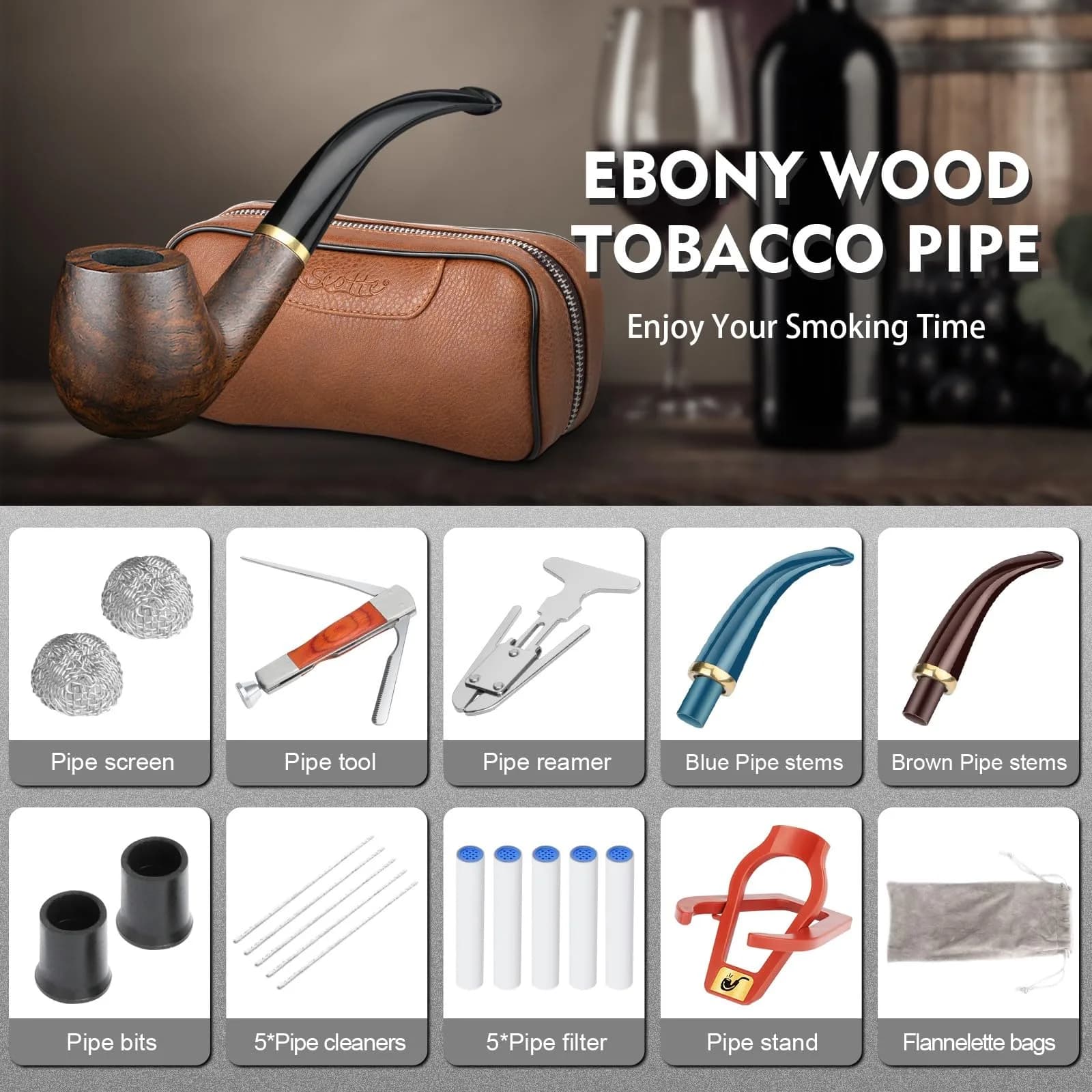 Scotte Handmade Pipe Set with Leather Pouch & Accessories | Brown Wood Pipe Kit (10-Piece Set) - view 5