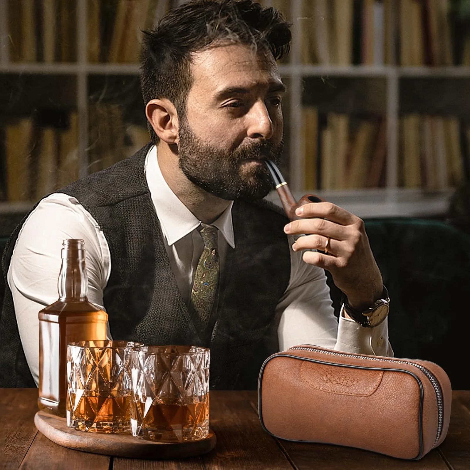 Scotte Handmade Pipe Set with Leather Pouch & Accessories | Brown Wood Pipe Kit (10-Piece Set) - view 7