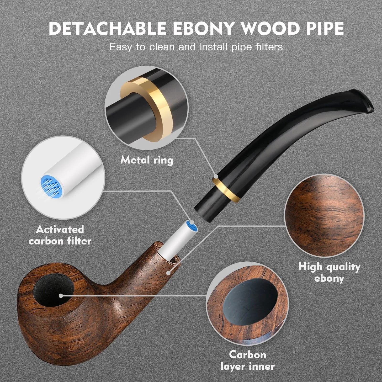 Scotte Handmade Pipe Set with Leather Pouch & Accessories | Brown Wood Pipe Kit (10-Piece Set) - view 2