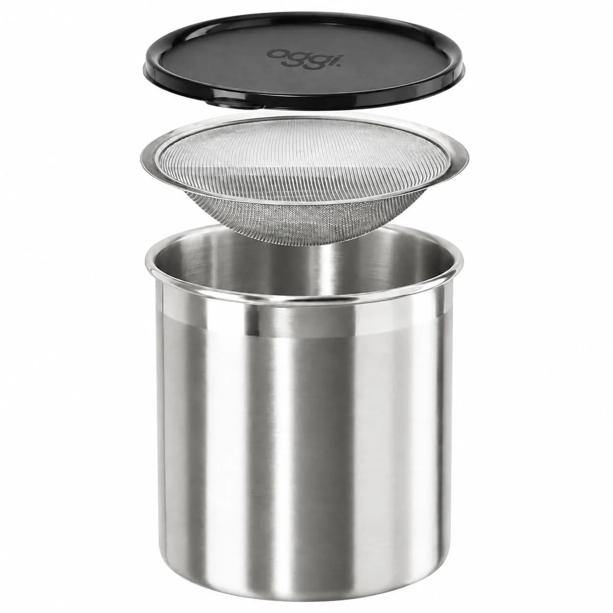 Oggi Stainless Steel Jumbo Grease Container with Removable Strainer and Snug Lid | Large Capacity for Kitchen & RV (70-120 chars)