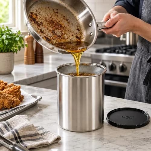 Oggi Stainless Steel Jumbo Grease Container with Removable Strainer and Snug Lid | Large Capacity for Kitchen & RV (70-120 chars) thumbnail 4