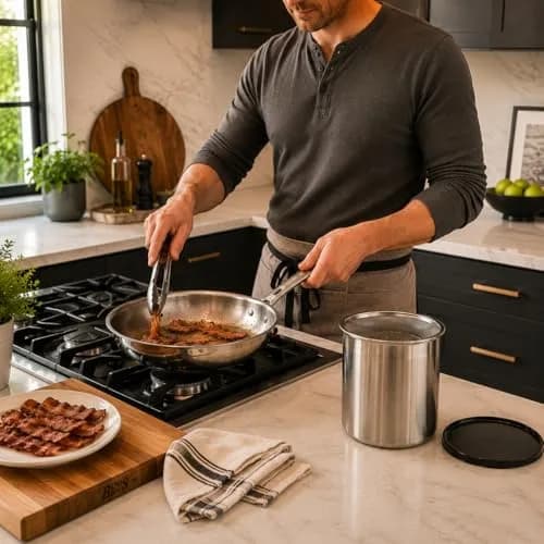Oggi Stainless Steel Jumbo Grease Container with Removable Strainer and Snug Lid | Large Capacity for Kitchen & RV (70-120 chars) thumbnail 6