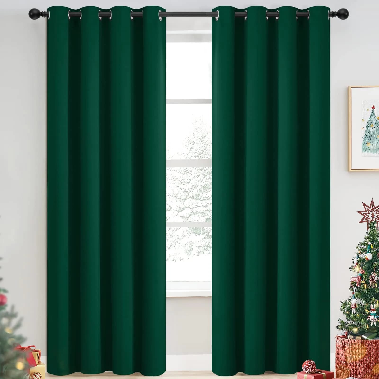Yakamok Room Darkening Curtains 52x84 inch Dark Green | Elegant Modern Grommet Panel Set