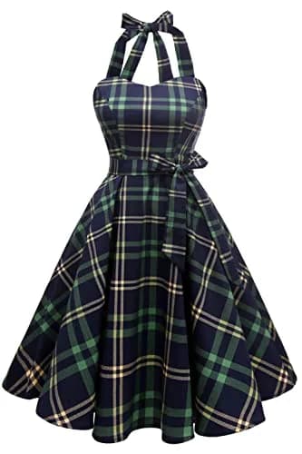 Topdress Vintage Polka Audrey Dress 3XL | Halter Neck, Green Plaid, 95% Cotton thumbnail 1