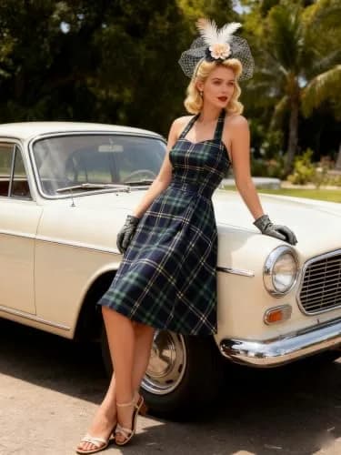 Topdress Vintage Polka Audrey Dress 3XL | Halter Neck, Green Plaid, 95% Cotton thumbnail 3