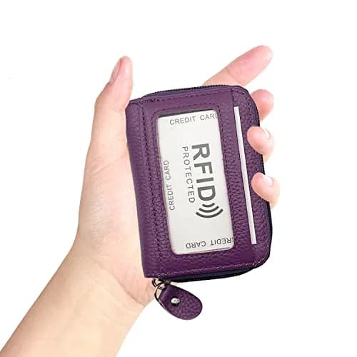 ZHOMA RFID Blocking Genuine Leather Credit Card Holder Wallet - Purple | 11 Card Slots thumbnail 2