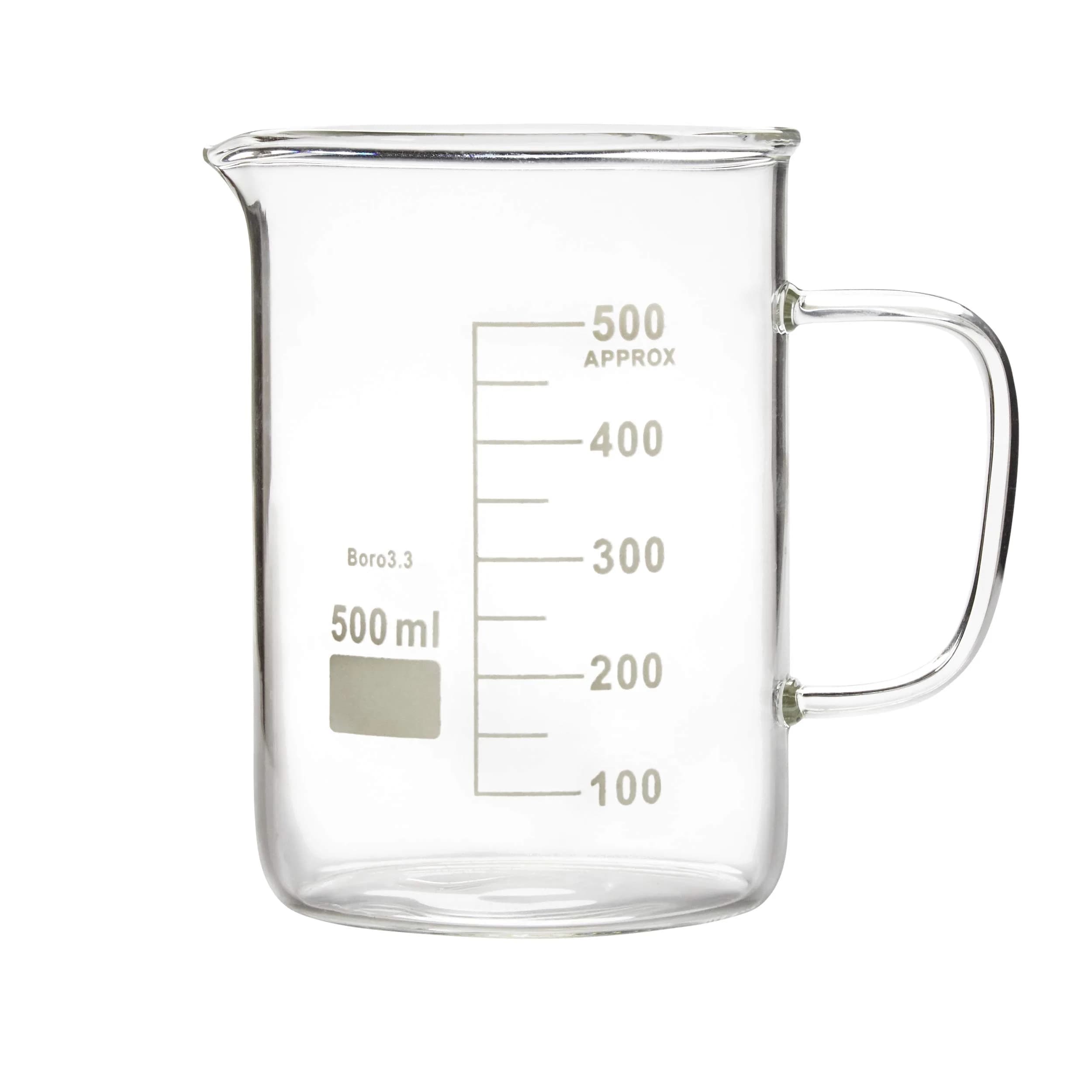 Microyn Glass Beaker with Handle, 500ml (16.9oz / 444ml) | Double Graduated Lab Beaker Mug — Clear