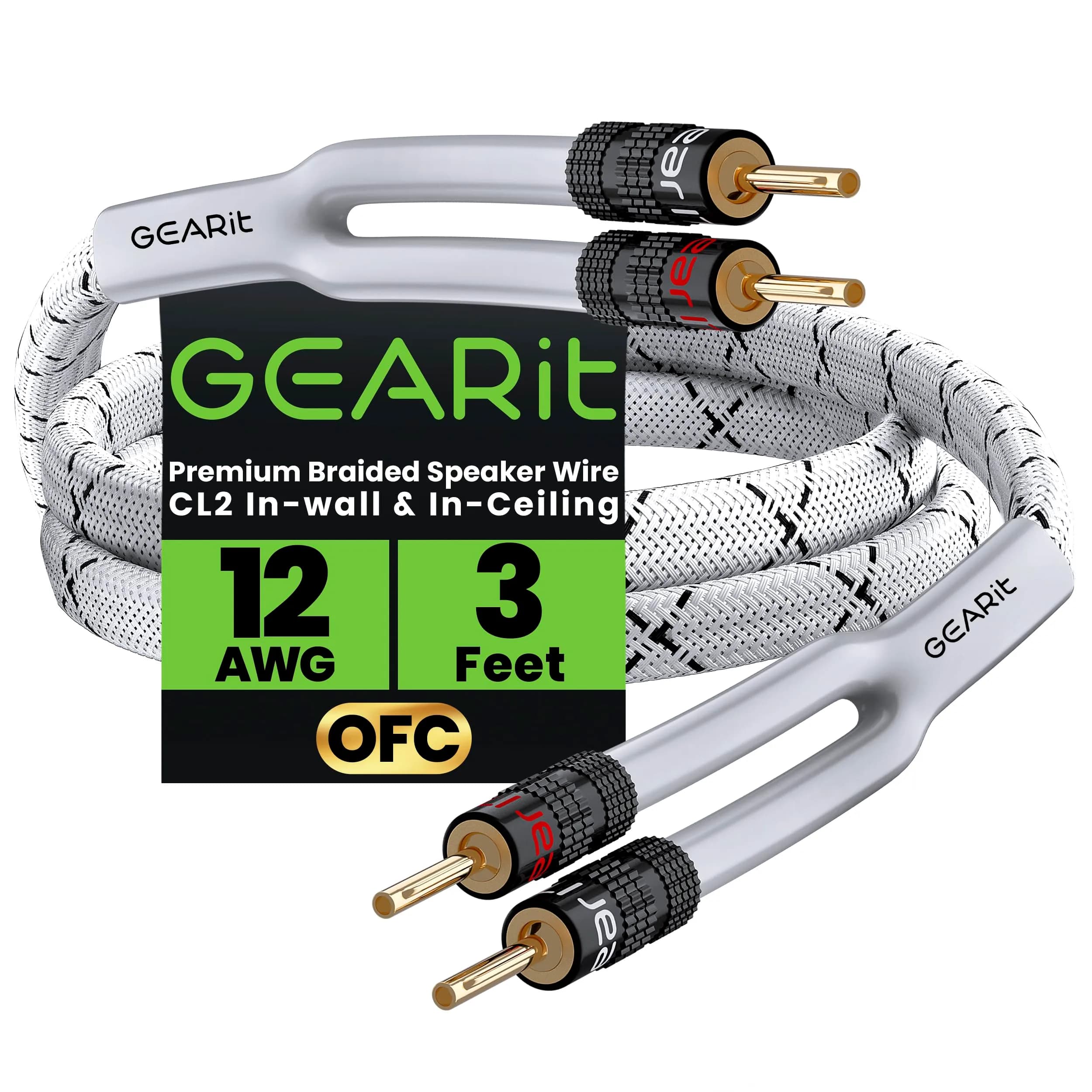 GEARit 12 Gauge Braided Speaker Wire with Banana Plugs, 6 ft (1.83 m) | CL2 Rated for In-Wall Use — White / 3 Feet
